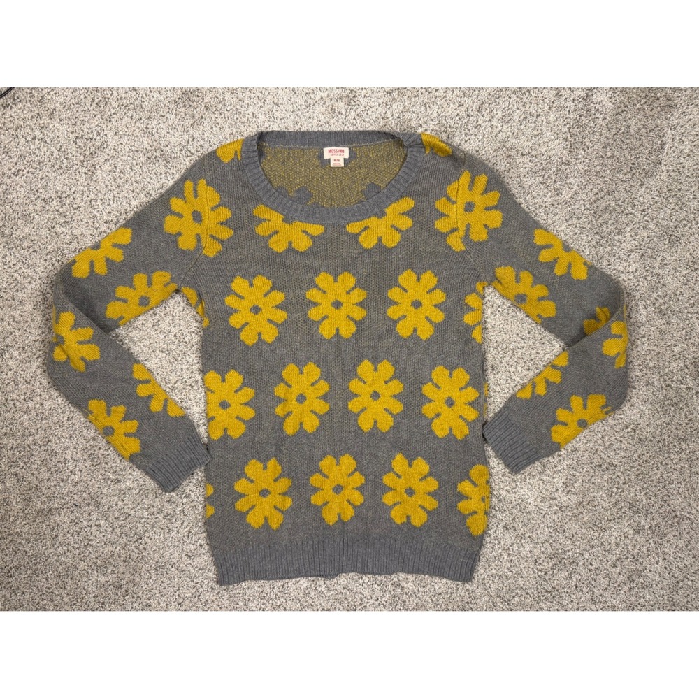 Mossimo‎ Sweater Floral Daisy Knit Medium Gray Yellow Crew Neck Pullover